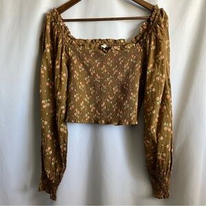 Aerie Floral Square Neck Smocked Long Sleeve Top